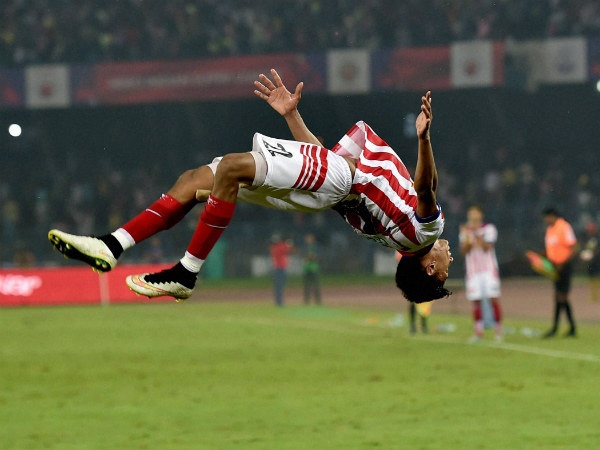 Kolkata's Samheeg Doutie celebrates after scoring a goal against Goa Kolkata's Samheeg Doutie celebrates after scoring a goal against Goa