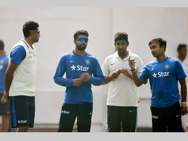 File photo: Ashwin (left), Jadeja (2nd left) and Mishra (right) during a practice session File photo: Ashwin (left), Jadeja (2nd left) and Mishra (right) during a practice session