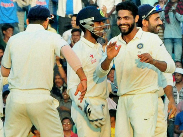 Jadeja (right) celebrates a South African wicket with team-mates Jadeja (right) celebrates a South African wicket with team-mates