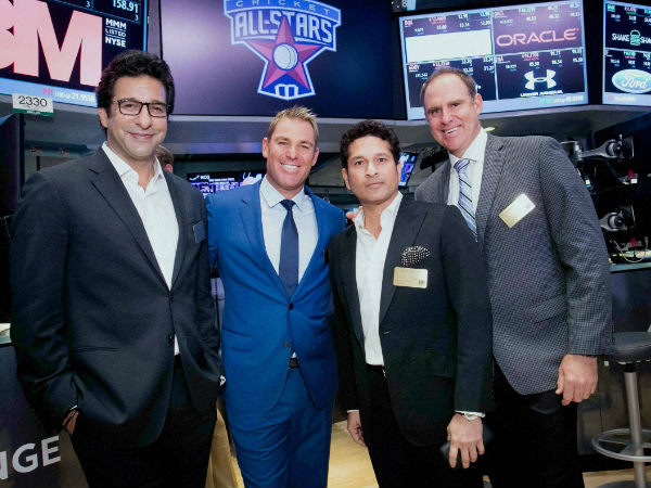 File photo: Matthew Hayden (right) is seen with Wasim Akram (left), Shane Warne (2nd left) and Sachin Tendulkar at New York Stock Exchange in New York on November 7, 2015 File photo: Matthew Hayden (right) is seen with Wasim Akram (left), Shane Warne (2nd left) and Sachin Tendulkar at New York Stock Exchange in New York on November 7, 2015