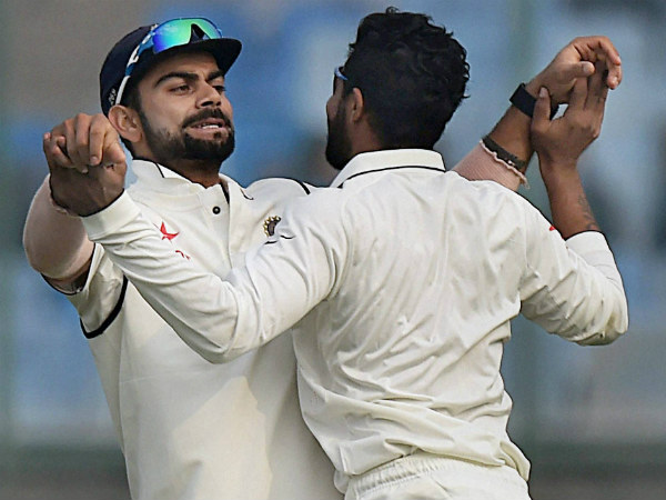 Kohli (left) and Ravindra Jadeja celebrate Hashim Amla's wicket on the 5th day of the 4th Test Kohli (left) and Ravindra Jadeja celebrate Hashim Amla's wicket on the 5th day of the 4th Test