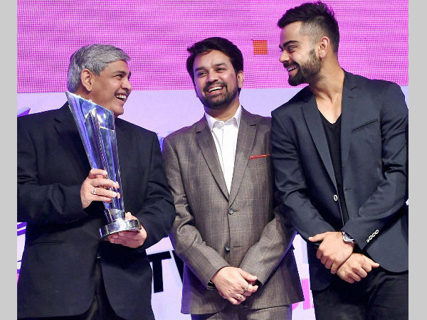 Anurag Thakur (centre) with India Test captain Virat Kohli (right) and BCCI president Shashank Manohar at the World T20 launch event in Mumbai on Friday Anurag Thakur (centre) with India Test captain Virat Kohli (right) and BCCI president Shashank Manohar at the World T20 launch event in Mumbai on Friday