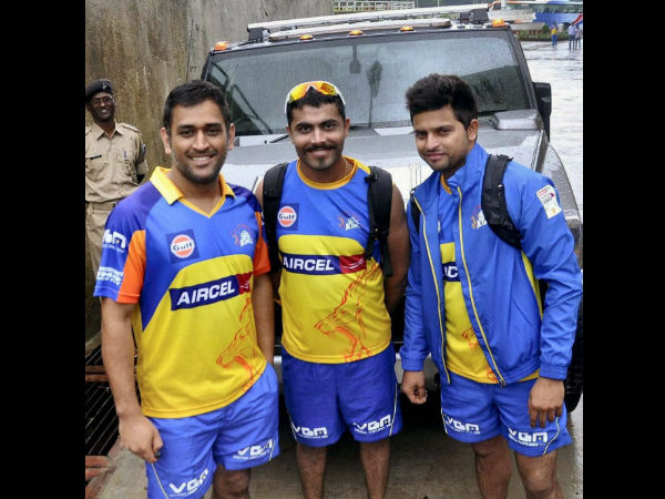 File photo: Dhoni (left) and Raina (right) with Jadeja in CSK colours during IPL File photo: Dhoni (left) and Raina (right) with Jadeja in CSK colours during IPL