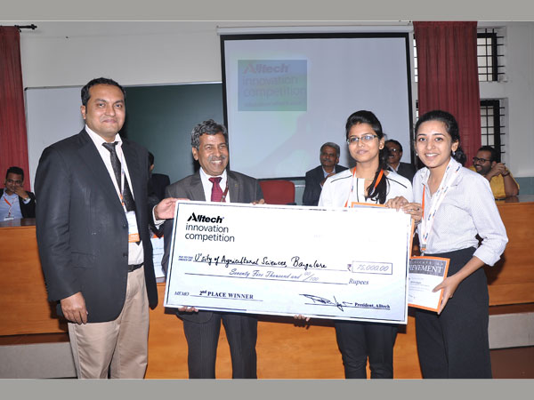 From left to right: Dr. Aman Sayed, general manager South Asia, Alltech, and Dr. H. Shivanna, vice chancellor, UAS GKVK, felicitating runner-ups of the Alltech Innovation Competition 2015 from University of Agricultural Sciences, Bengaluru. From left to right: Dr. Aman Sayed, general manager South Asia, Alltech, and Dr. H. Shivanna, vice chancellor, UAS GKVK, felicitating runner-ups of the Alltech Innovation Competition 2015 from University of Agricultural Sciences, Bengaluru.