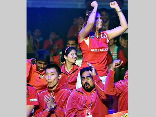 Jwala Gutta and her Delhi team-mates celebrate a point during PBL Jwala Gutta and her Delhi team-mates celebrate a point during PBL