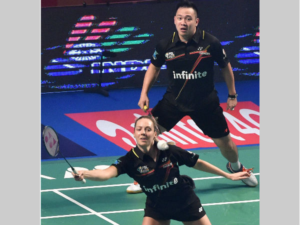 Delhi Acers Gabrielle Adcock and Koo Keat Kien play against Bengaluru Topguns Ashwini Ponnappa and Khim Wah Lim during the Premier Badminton League's Mix doubles match. The pair won Delhi Acers Gabrielle Adcock and Koo Keat Kien play against Bengaluru Topguns Ashwini Ponnappa and Khim Wah Lim during the Premier Badminton League's Mix doubles match. The pair won