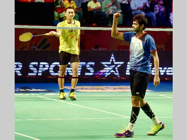 Sai Praneeth of Awadhe Warriors celebrates after defeating Sony Dwi Kuncoro of Chennai Smashers Sai Praneeth of Awadhe Warriors celebrates after defeating Sony Dwi Kuncoro of Chennai Smashers