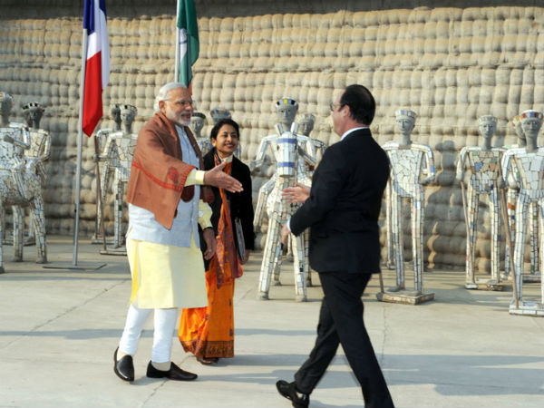 Modi, Hollande at Nek Chand Rock Garden in Chandigarh