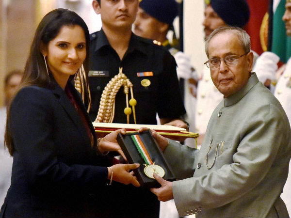 File photo: President Pranab Mukherjee honours Sania Mirza with Rajiv Gandhi Khel Ratna 2015 at a ceremony at Rashtrapati Bhavan in New Delhi on August 29, 2015 File photo: President Pranab Mukherjee honours Sania Mirza with Rajiv Gandhi Khel Ratna 2015 at a ceremony at Rashtrapati Bhavan in New Delhi on August 29, 2015