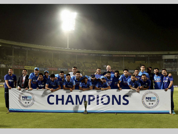 Indian players pose with the trophy after series win against Sri Lanka Indian players pose with the trophy after series win against Sri Lanka