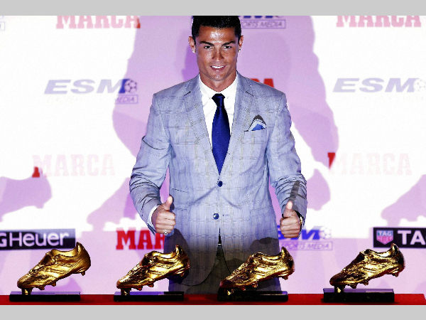 Cristiano Ronaldo poses with his 4 Golden Boot awards. He won the award again in October 2015, for scoring the most goals in Europe's domestic leagues last season. This is the fourth Golden Boot award Ronaldo has won during his career and his third since joining Real Madrid, where he scored 48 goals during the last La Liga season. Cristiano Ronaldo poses with his 4 Golden Boot awards. He won the award again in October 2015, for scoring the most goals in Europe's domestic leagues last season. This is the fourth Golden Boot award Ronaldo has won during his career and his third since joining Real Madrid, where he scored 48 goals during the last La Liga season.
