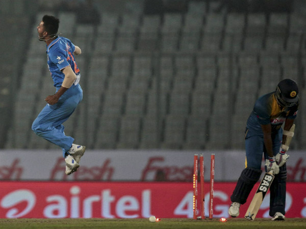 Hardik Pandya, left, reacts after claiming the wicket of Angelo Mathews at Asia Cup on Tuesday (March 1) Hardik Pandya, left, reacts after claiming the wicket of Angelo Mathews at Asia Cup on Tuesday (March 1)