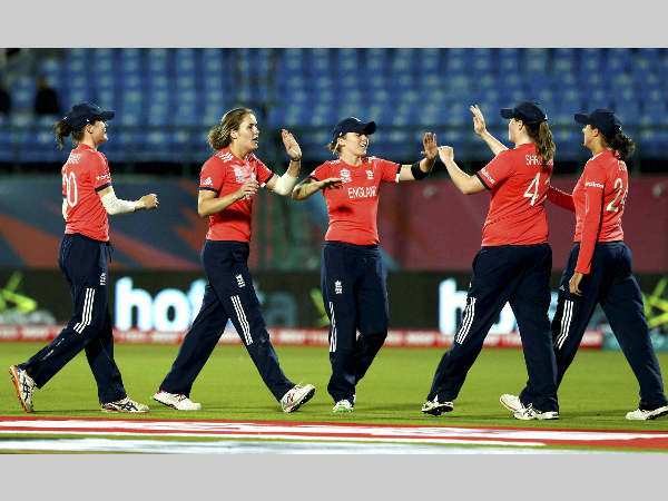 England women celebrate a wicket against West Indies England women celebrate a wicket against West Indies