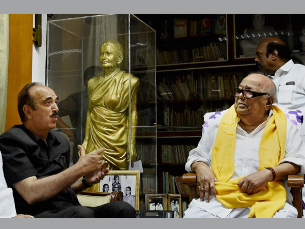 Congress leader Ghulam Nabi Azad meeting with DMK Chief M Karunanidhi at his residence in Chennai on Friday. Congress leader Ghulam Nabi Azad meeting with DMK Chief M Karunanidhi at his residence in Chennai on Friday.