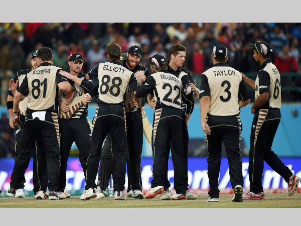 New Zealand players celebrate after winning their WT20 match against Australia at the HPCA Stadium in Dharamsala on Friday (March 18). New Zealand players celebrate after winning their WT20 match against Australia at the HPCA Stadium in Dharamsala on Friday (March 18).
