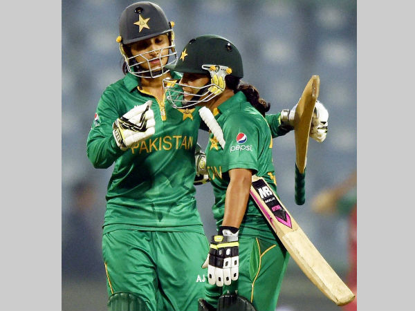 Sidra Ameen (right) and Bismah Maroof celebrate their win over Bangladesh Sidra Ameen (right) and Bismah Maroof celebrate their win over Bangladesh