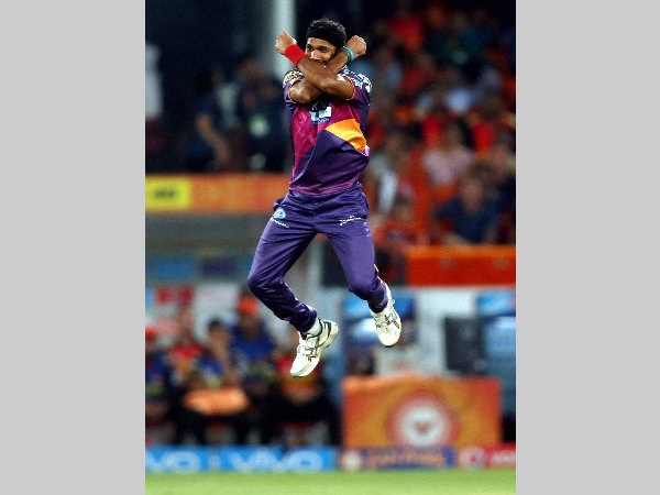 Ashok Dinda celebrates in footballer Cristiano Ronaldo style after dismissing David Warner Ashok Dinda celebrates in footballer Cristiano Ronaldo style after dismissing David Warner