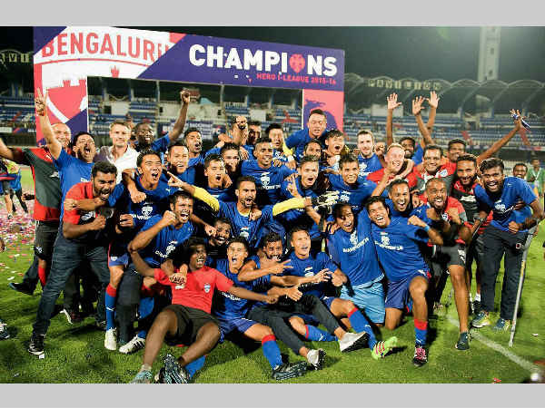 Bengaluru FC players, support staff and officials celebrate after winning the title Bengaluru FC players, support staff and officials celebrate after winning the title