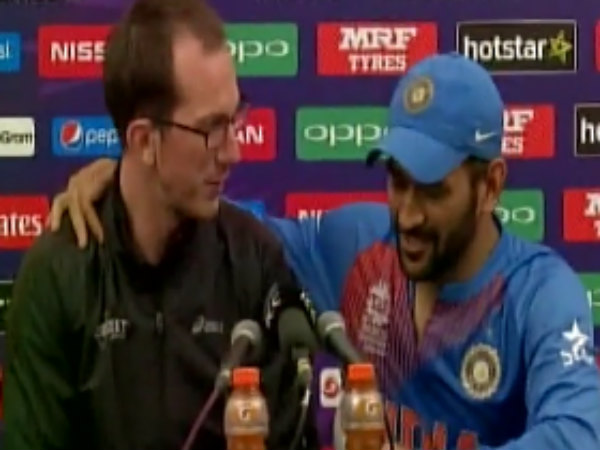 MS Dhoni with Sam Ferris at the World T20 press conference in Mumbai MS Dhoni with Sam Ferris at the World T20 press conference in Mumbai