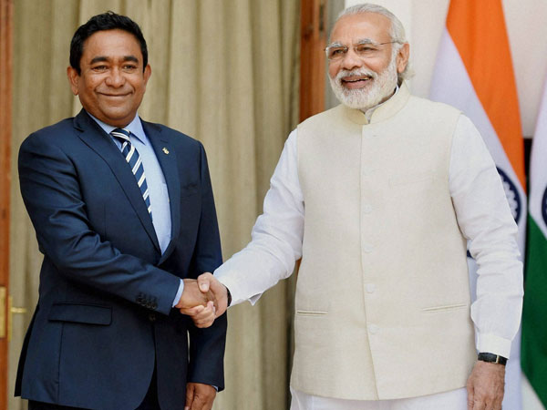 Prime Minister Narendra Modi shakes hands with President of Maldives Abdulla Yameen Abdul Gayoom during their meeting at Hyderabad house in New Delhi. Prime Minister Narendra Modi shakes hands with President of Maldives Abdulla Yameen Abdul Gayoom during their meeting at Hyderabad house in New Delhi.