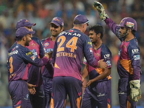 Rising Pune Supergiants' players celebrate the wicket of Mumbai Indians' batsman Shreyash Gopal during their IPL 2016 opening match in Mumbai on April 9. Rising Pune Supergiants' players celebrate the wicket of Mumbai Indians' batsman Shreyash Gopal during their IPL 2016 opening match in Mumbai on April 9.