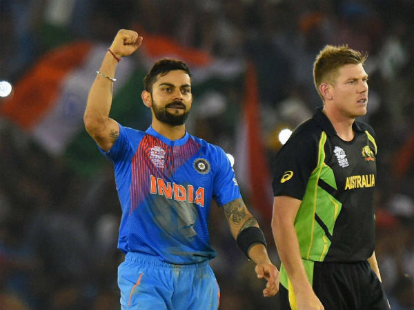 Virat Kohli (left) celebrates after guiding India to victory over Australia in World T20 recently. Also seen is James Faulkner Virat Kohli (left) celebrates after guiding India to victory over Australia in World T20 recently. Also seen is James Faulkner