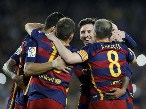 FC Barcelona players celebrate after scoring a goal last season FC Barcelona players celebrate after scoring a goal last season