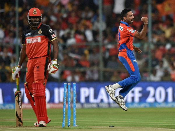 Gujarat Lions bowler Dhawal Kulkarni celebrates the wicket of Chris Gayle during the 1st qualifier IPL 2016 Gujarat Lions bowler Dhawal Kulkarni celebrates the wicket of Chris Gayle during the 1st qualifier IPL 2016