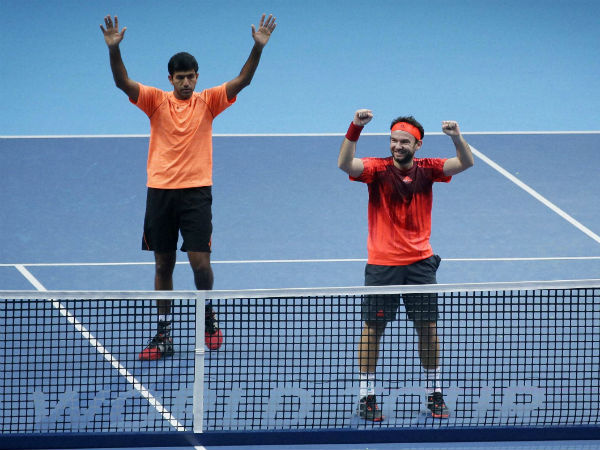India's Rohan Bopanna, left, and Florin Mergea of Romania celebrate beating Croatia's Ivan Dodig and Brazil's Marcelo Melo during their ATP World Tour Finals doubles tennis match at the O2 Arena in London, on Nov. 21, 2015. India's Rohan Bopanna, left, and Florin Mergea of Romania celebrate beating Croatia's Ivan Dodig and Brazil's Marcelo Melo during their ATP World Tour Finals doubles tennis match at the O2 Arena in London, on Nov. 21, 2015.