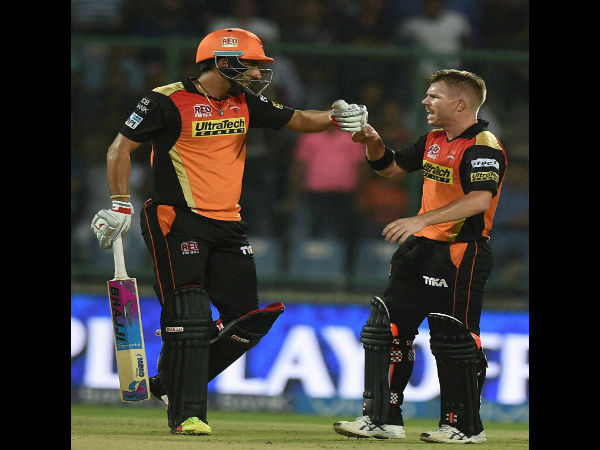 Sunrisers Hyderabad batsman David Warner with teammates Bipul Sharma celebrate after winning during an IPL T20 match against Gujarat Lions at Feroz Shah Kotla in New Delhi on Friday Sunrisers Hyderabad batsman David Warner with teammates Bipul Sharma celebrate after winning during an IPL T20 match against Gujarat Lions at Feroz Shah Kotla in New Delhi on Friday