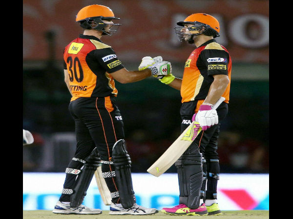 Ben Cutting of Sunrisers Hyderabad and Yuvraj Singh of Sunrisers Hyderabad celebrate as Sunrisers Hyderabad beat Kings XI Punjab by 7 wickets an IPL match in Mohali on Sunday. Ben Cutting of Sunrisers Hyderabad and Yuvraj Singh of Sunrisers Hyderabad celebrate as Sunrisers Hyderabad beat Kings XI Punjab by 7 wickets an IPL match in Mohali on Sunday.