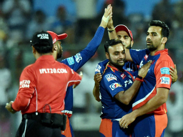 DD captain Zaheer Khan (right) and his team-mates celebrate a wicket during IPL 2016 DD captain Zaheer Khan (right) and his team-mates celebrate a wicket during IPL 2016