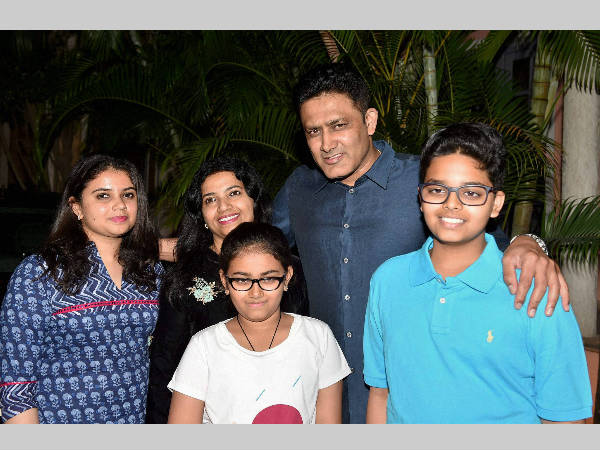 Anil Kumble with his wife and children, poses for pictures at his residence in Bengaluru on Thursday after being appointed as India coach Anil Kumble with his wife and children, poses for pictures at his residence in Bengaluru on Thursday after being appointed as India coach