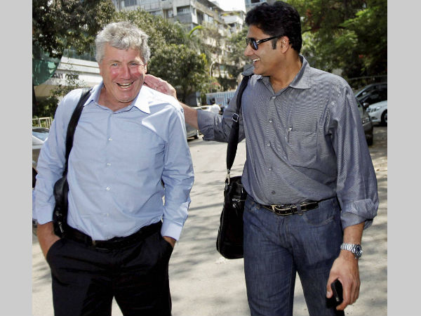 Kumble with former India coach John Wright (left) Kumble with former India coach John Wright (left)