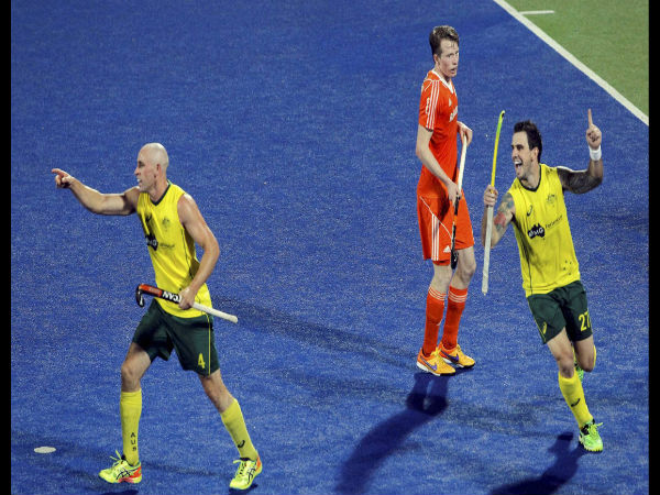 Australia's Kieran Govers, right, celebrates the winning goal against the Netherlands in the first semifinals of the Hockey World League in Raipur. Australia's Kieran Govers, right, celebrates the winning goal against the Netherlands in the first semifinals of the Hockey World League in Raipur.