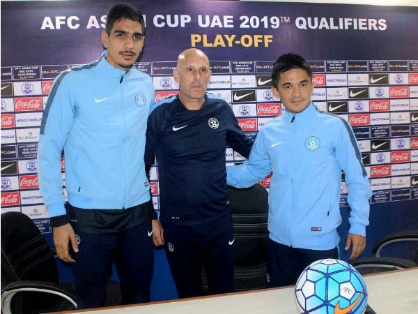 Indian Football team players Sunil Chhetri and Gurpreet Singh Sandhu with coach Stephen Constantine at a press conference regarding AFC Asia Cup in Guwahati Indian Football team players Sunil Chhetri and Gurpreet Singh Sandhu with coach Stephen Constantine at a press conference regarding AFC Asia Cup in Guwahati