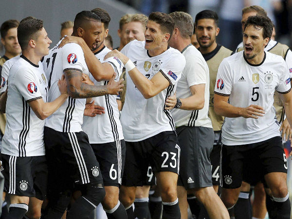 Germany's Jerome Boateng celebrates with teammates after scoring his side's first goal during the Euro 2016 round of 16 soccer match between Germany and Slovakia, at the Pierre Mauroy stadium in Villeneuve d'Ascq, near Lille, France, on June 26, 2016. Germany's Jerome Boateng celebrates with teammates after scoring his side's first goal during the Euro 2016 round of 16 soccer match between Germany and Slovakia, at the Pierre Mauroy stadium in Villeneuve d'Ascq, near Lille, France, on June 26, 2016.