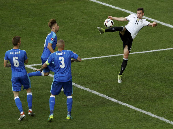 Germany's Julian Draxler scores his side's third goal during the Euro 2016 round of 16 soccer match between Germany and Slovakia, at the Pierre Mauroy stadium in Villeneuve d'Ascq, near Lille, France, on June 26, 2016. Germany's Julian Draxler scores his side's third goal during the Euro 2016 round of 16 soccer match between Germany and Slovakia, at the Pierre Mauroy stadium in Villeneuve d'Ascq, near Lille, France, on June 26, 2016.
