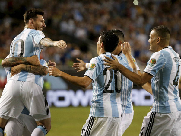 Argentina's Lionel Messi (10) celebrates with his teammates after scoring a goal against Panama during a Copa America Centenario group D soccer match on June 10, 2016, in Chicago. Argentina's Lionel Messi (10) celebrates with his teammates after scoring a goal against Panama during a Copa America Centenario group D soccer match on June 10, 2016, in Chicago.