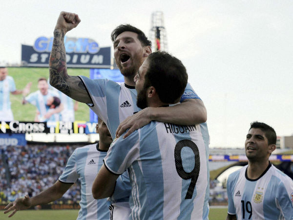 File photo: Argentina's Lionel Messi, top, celebrates a goal by Gonzalo Higuain (9) during the first half of a Copa America Centenario quarterfinal soccer match against Venezuela on Saturday, June 18 File photo: Argentina's Lionel Messi, top, celebrates a goal by Gonzalo Higuain (9) during the first half of a Copa America Centenario quarterfinal soccer match against Venezuela on Saturday, June 18