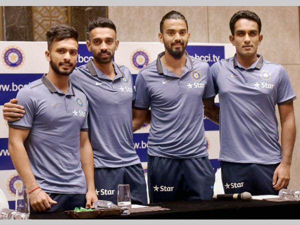 From left: Mandeep Singh, Dhawal Kulkarni, KL Rahul and Jayant Yadav pose for pictures at a press conference in Mumbai on Tuesday (June 7) before leaving for Zimbabwe From left: Mandeep Singh, Dhawal Kulkarni, KL Rahul and Jayant Yadav pose for pictures at a press conference in Mumbai on Tuesday (June 7) before leaving for Zimbabwe