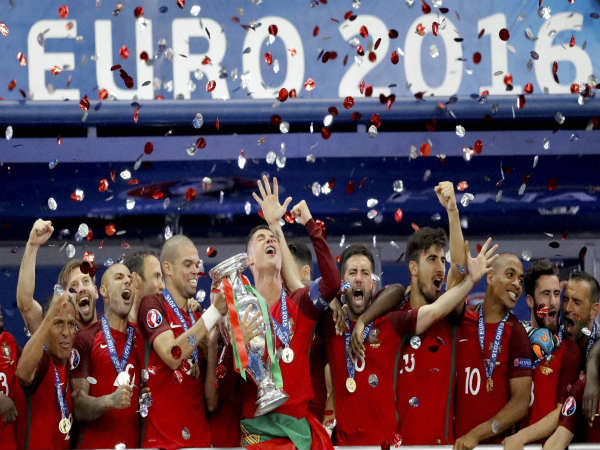 Portugal players hold the trophy at the end of the Euro 2016 final Portugal players hold the trophy at the end of the Euro 2016 final