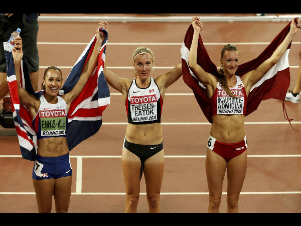 Britain's gold medal winner Jessica Ennis-Hill, Canada's silver medal winner Brianne Theisen Eaton and Latvia's bronze medal winner Laura Ikauniece-Admidina, from left, celebrate after the women's heptathlon at the World Athletics Championships at the Bird's Nest stadium in Beijing, on Aug 23, 2015. Britain's gold medal winner Jessica Ennis-Hill, Canada's silver medal winner Brianne Theisen Eaton and Latvia's bronze medal winner Laura Ikauniece-Admidina, from left, celebrate after the women's heptathlon at the World Athletics Championships at the Bird's Nest stadium in Beijing, on Aug 23, 2015.