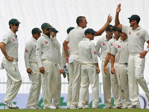 Australian players celebrate a Sri Lankan wicket on the first day Australian players celebrate a Sri Lankan wicket on the first day