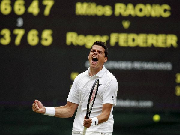 Milos Raonic celebrates after beating Roger Federer Milos Raonic celebrates after beating Roger Federer