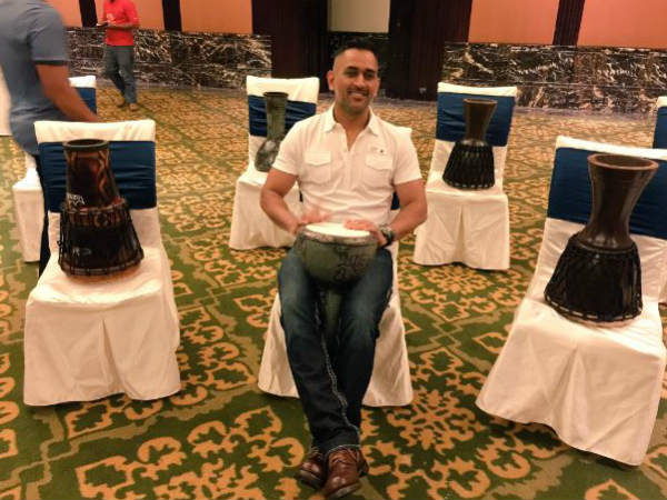 MS Dhoni plays a drum. Photos from BCCI's Twitter account MS Dhoni plays a drum. Photos from BCCI's Twitter account
