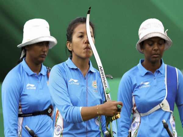 From left: Deepika Kumari, Bombayla Devi and Laxmirani Majhi at India's team even at women's archery From left: Deepika Kumari, Bombayla Devi and Laxmirani Majhi at India's team even at women's archery