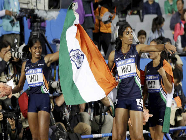 India's women's 4 x 400 meters relay team celebrate after winning the gold medal at the 17th Asian Games India's women's 4 x 400 meters relay team celebrate after winning the gold medal at the 17th Asian Games