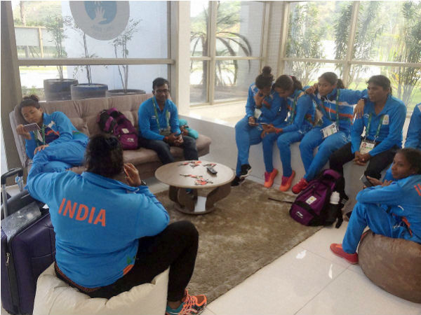 Members of Indian women's hockey team on their arrival in Rio de Janeiro on Sunday for the Olympic Games starting August 5. Members of Indian women's hockey team on their arrival in Rio de Janeiro on Sunday for the Olympic Games starting August 5.