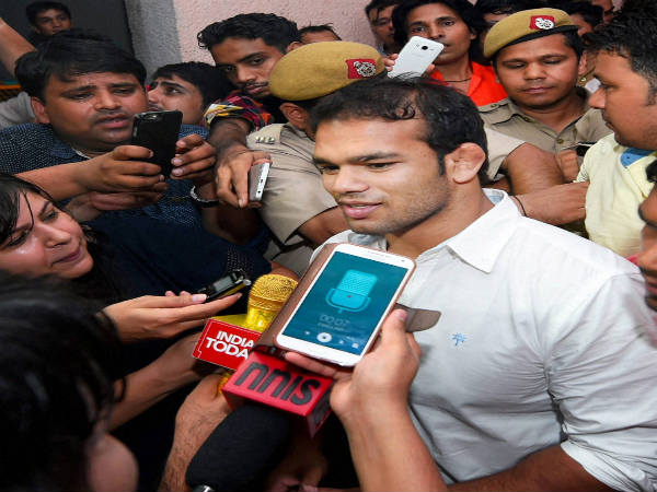 Narsingh Yadav coming out of the NADA office after a hearing on his dope scandal, in New Delhi Narsingh Yadav coming out of the NADA office after a hearing on his dope scandal, in New Delhi